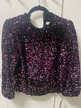 Nanette Lepore Brushed Black Velvet Top with Pink & Silver Sequins